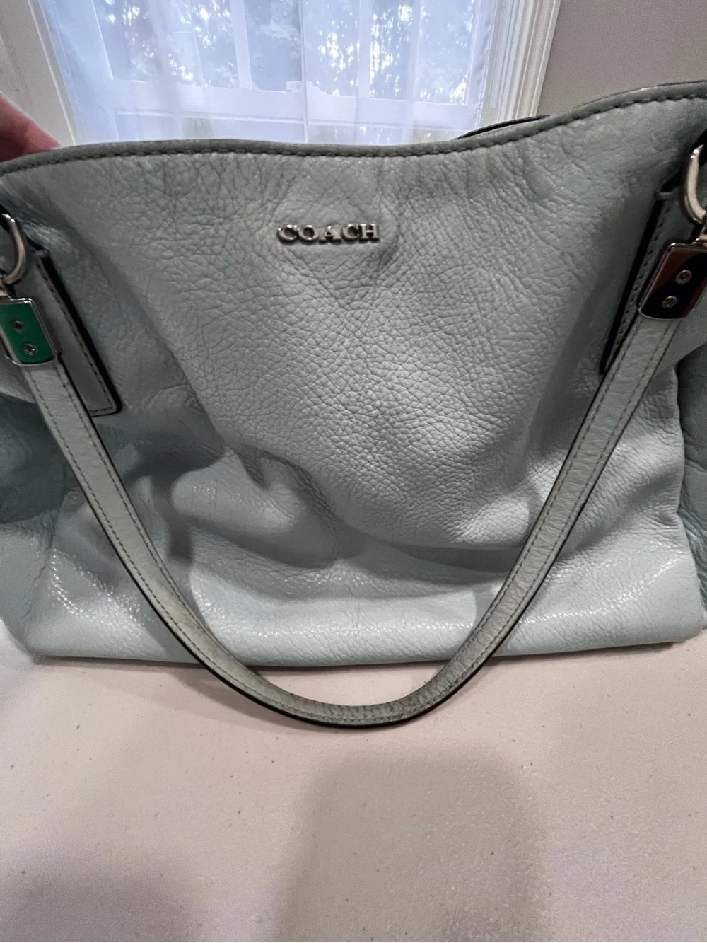 Coach Pebbled Leather Light Blue Triple Compartment Tote Shoulder Bag